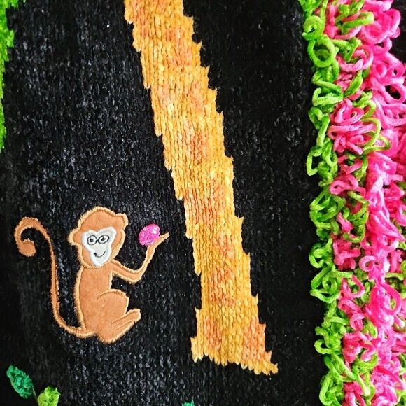 That Sweater women Med chenille Monkey Cardigan Sweater Wearable Art Neon Retro - Picture 2 of 12